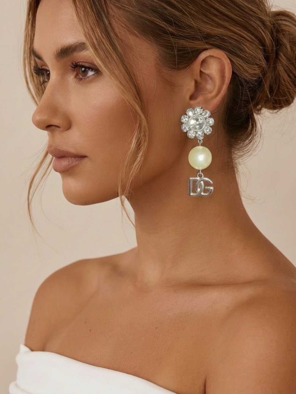 Dolce & Gabbana Crystal Flower and Faux Pearl DG Logo Drop Earrings
